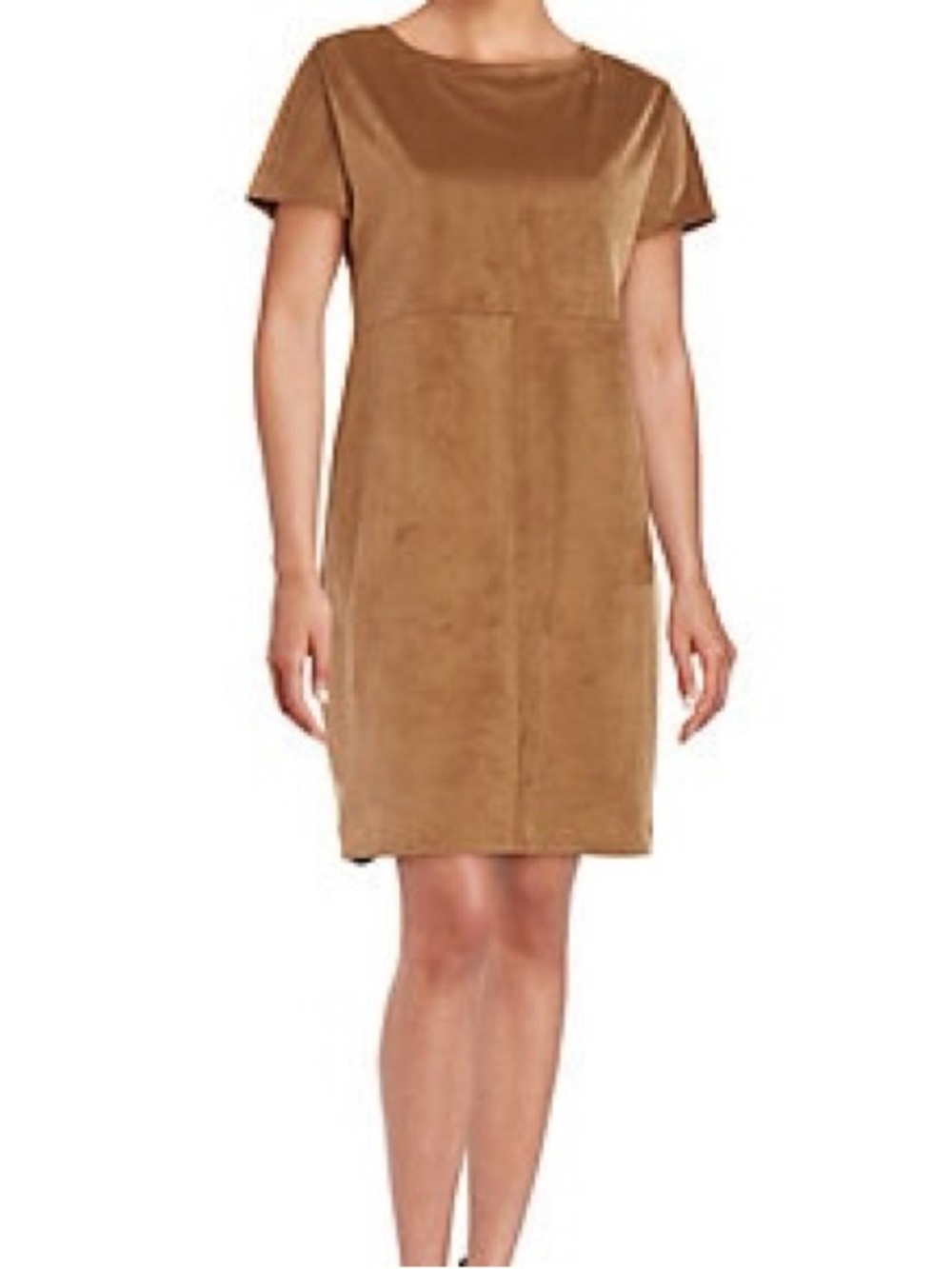 H Halston camel caramel brown faux suede shift dress with pockets, small